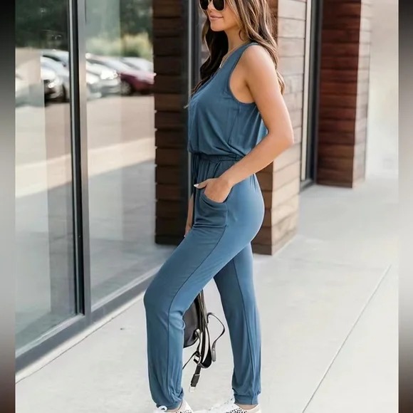 Boho sleeveless drawstring waist jumpsuit